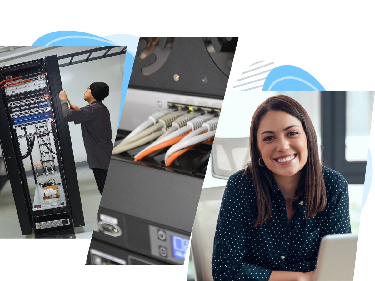 a tech working on a cabinet, a sever rack and a lady at a desk working