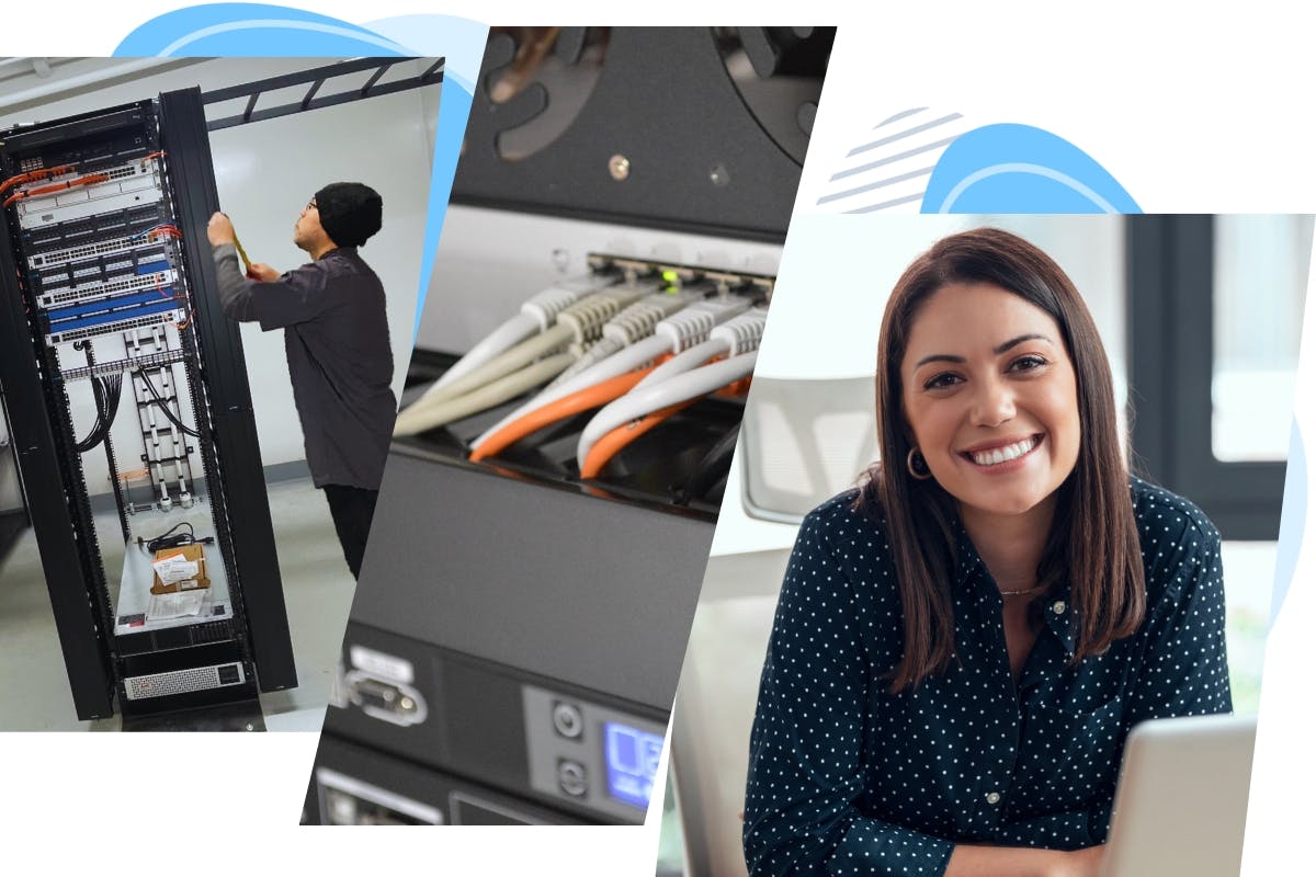 a tech working on a cabinet, a sever rack and a lady at a desk working