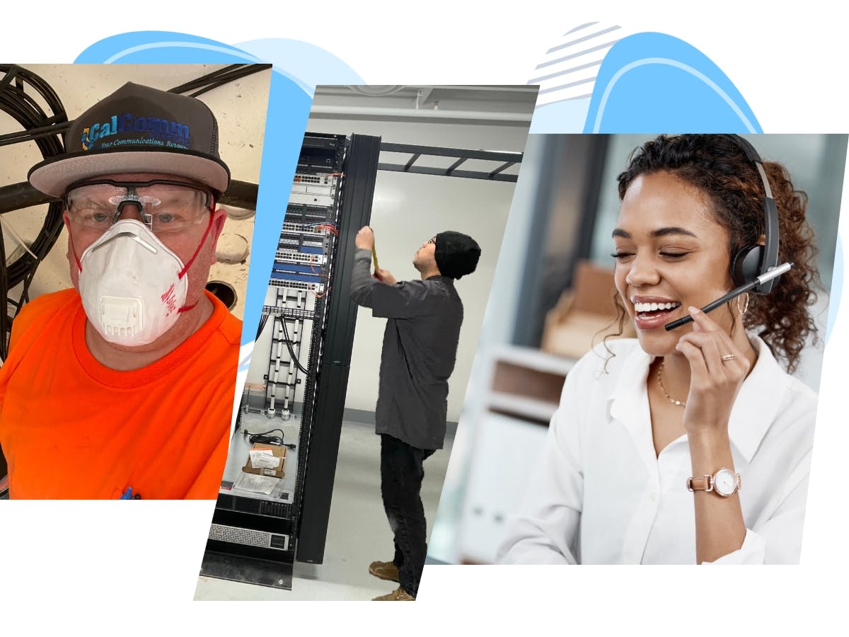 three pictures of employees working to enable phones and network products
