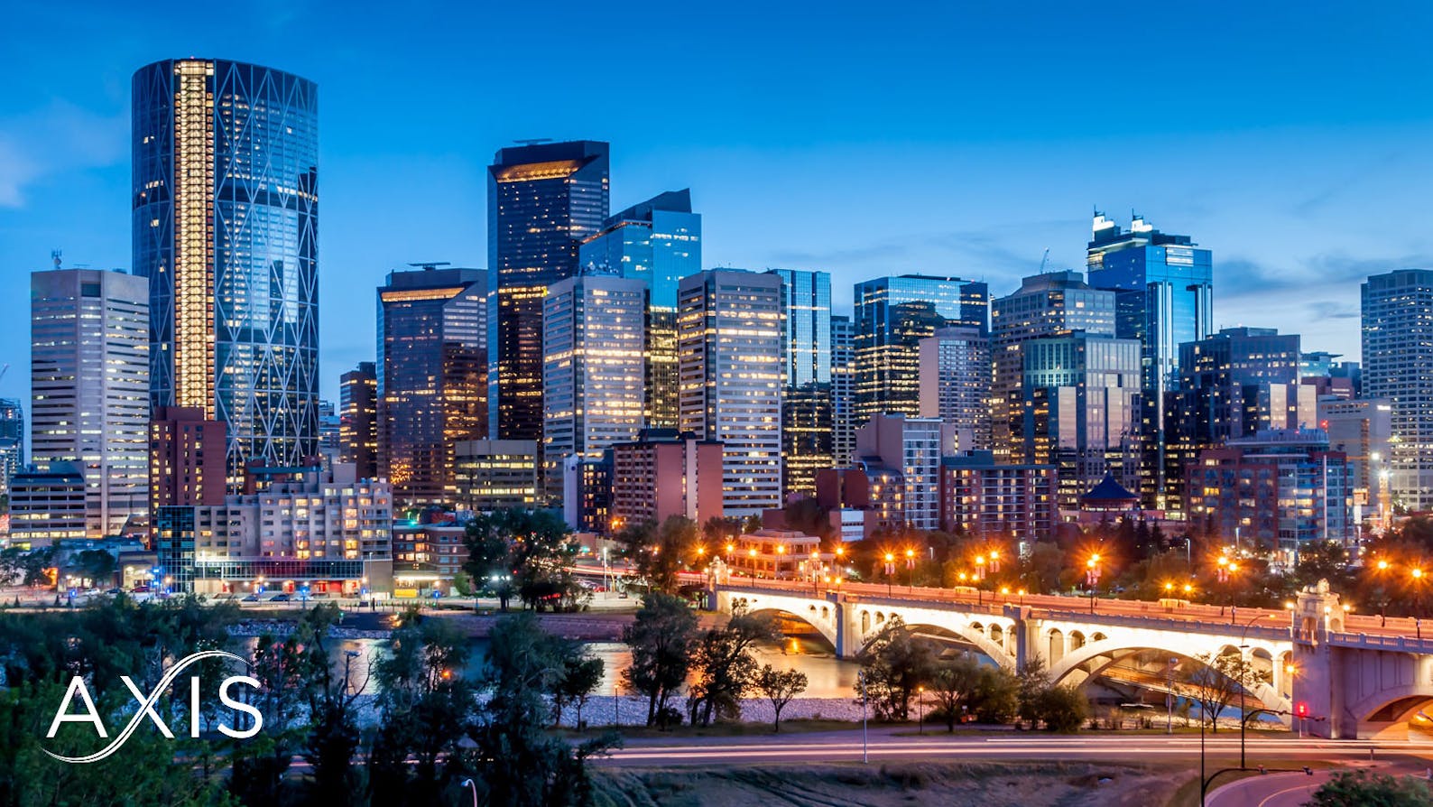 Calgary skyline with Axis Connects logo