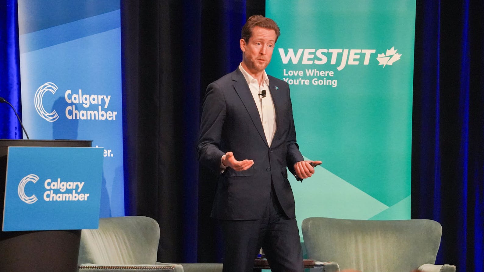 WestJet CEO Alexis von Hoensbroech speaking to the Calgary business community.