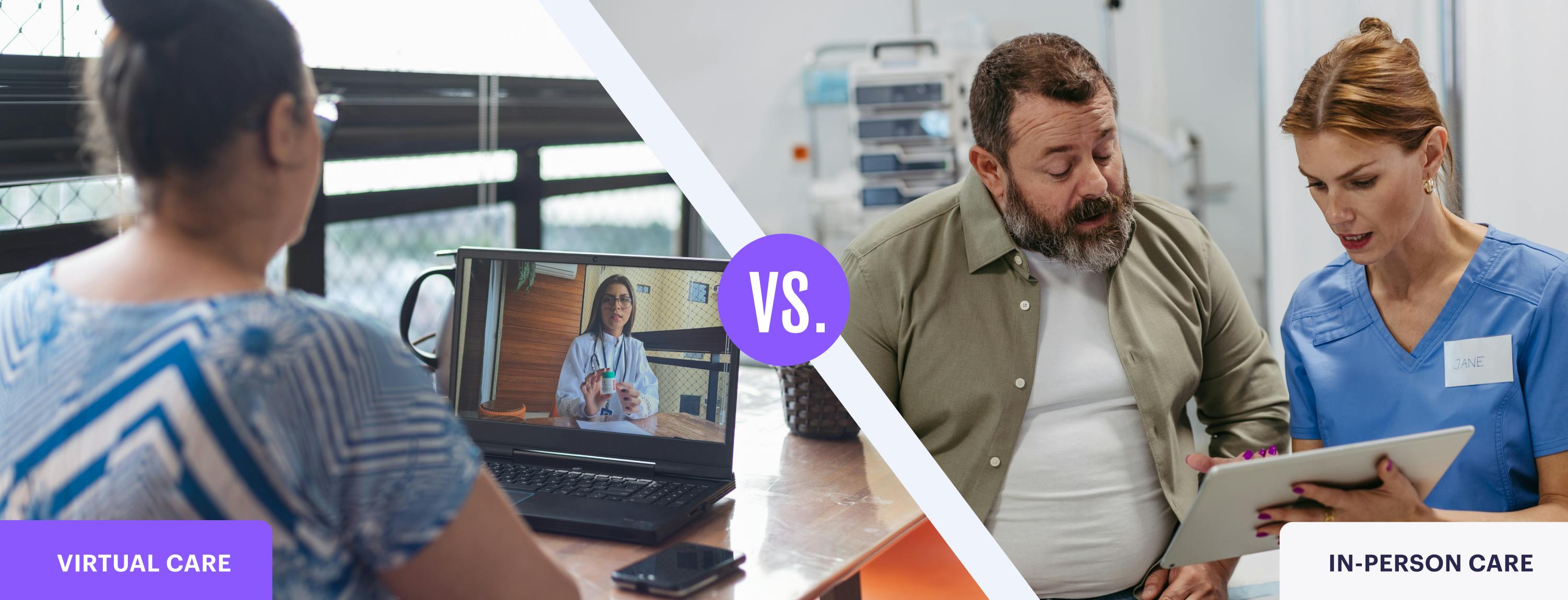 Two images side-to-side. The one on the left is a woman in a virtual appointment, the one on the right is a man in a doctor's office