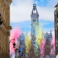 Valencia City Hall during Fallas, as a mascletà is launched, fireworks and a frenzy of noise