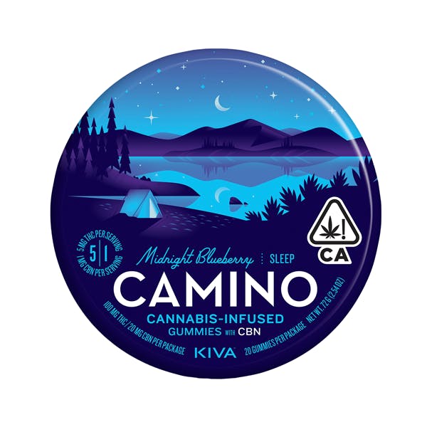 Kiva Camino edibles in blue tin. 