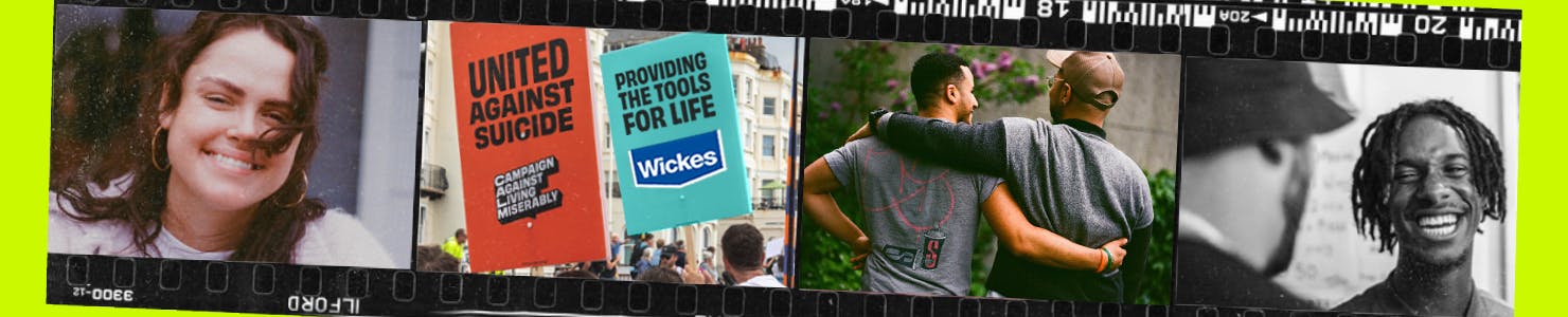 A collection of images of people smiling, two people with their arms around each other and a poster that reads "United Against Suicide, Campaign Against Miserably"