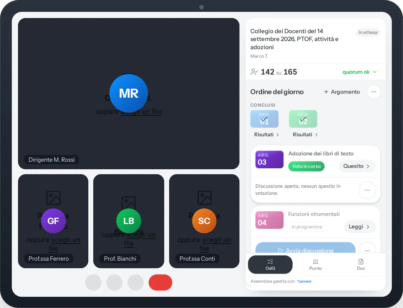 Schermata di Google Meet con il pannello Camelot a lato, dove chi presiede apre la votazione sul punto all'ordine del giorno e vede il numero legale e l'affluenza in tempo reale
