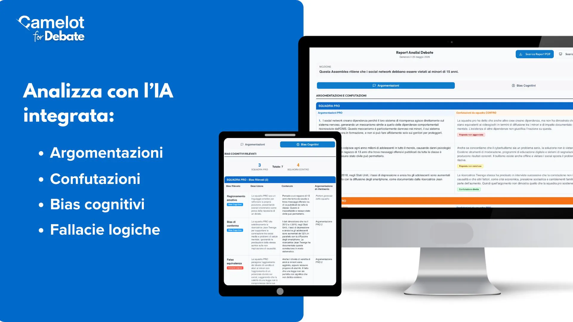 Camelot for Debate analizza con l'IA integrata argomentazioni, confutazioni, bias cognitivi e fallacie logiche