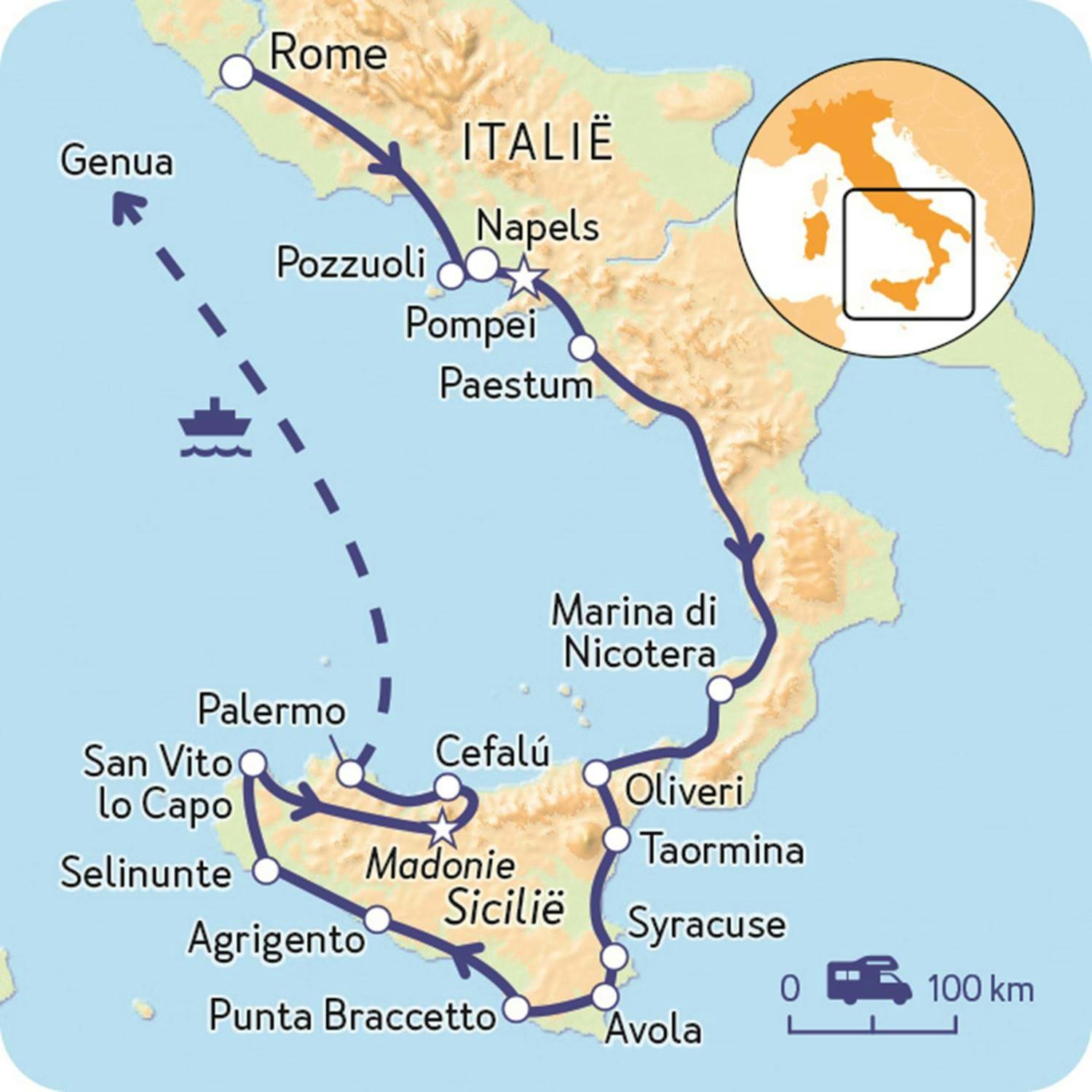Route Italy - from Rome to Sicily