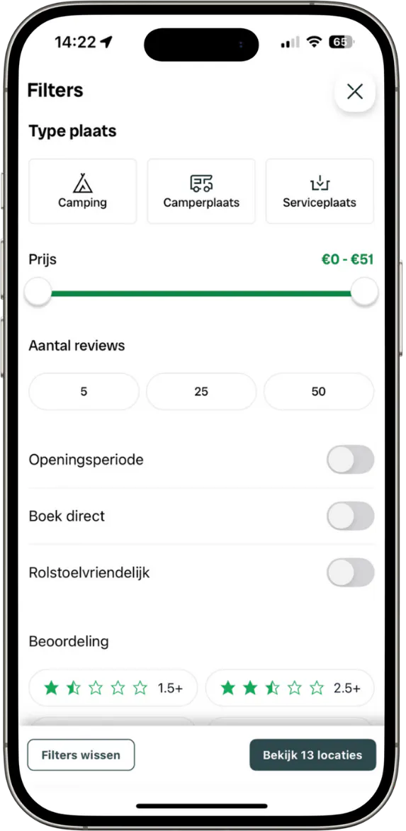 Filters in de Campercontact-app