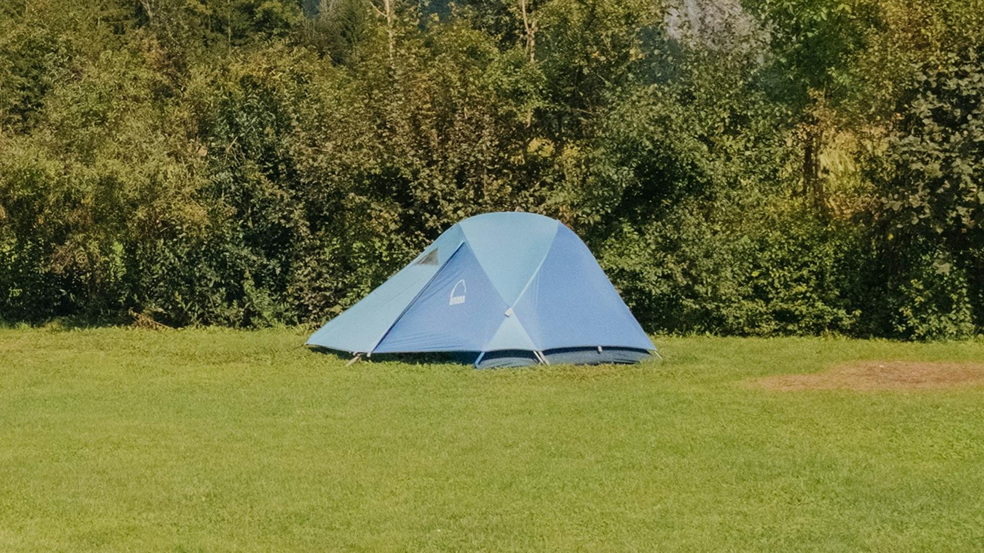 Blaues Zelt auf Zeltplatz mit Hecke im Hintergrund