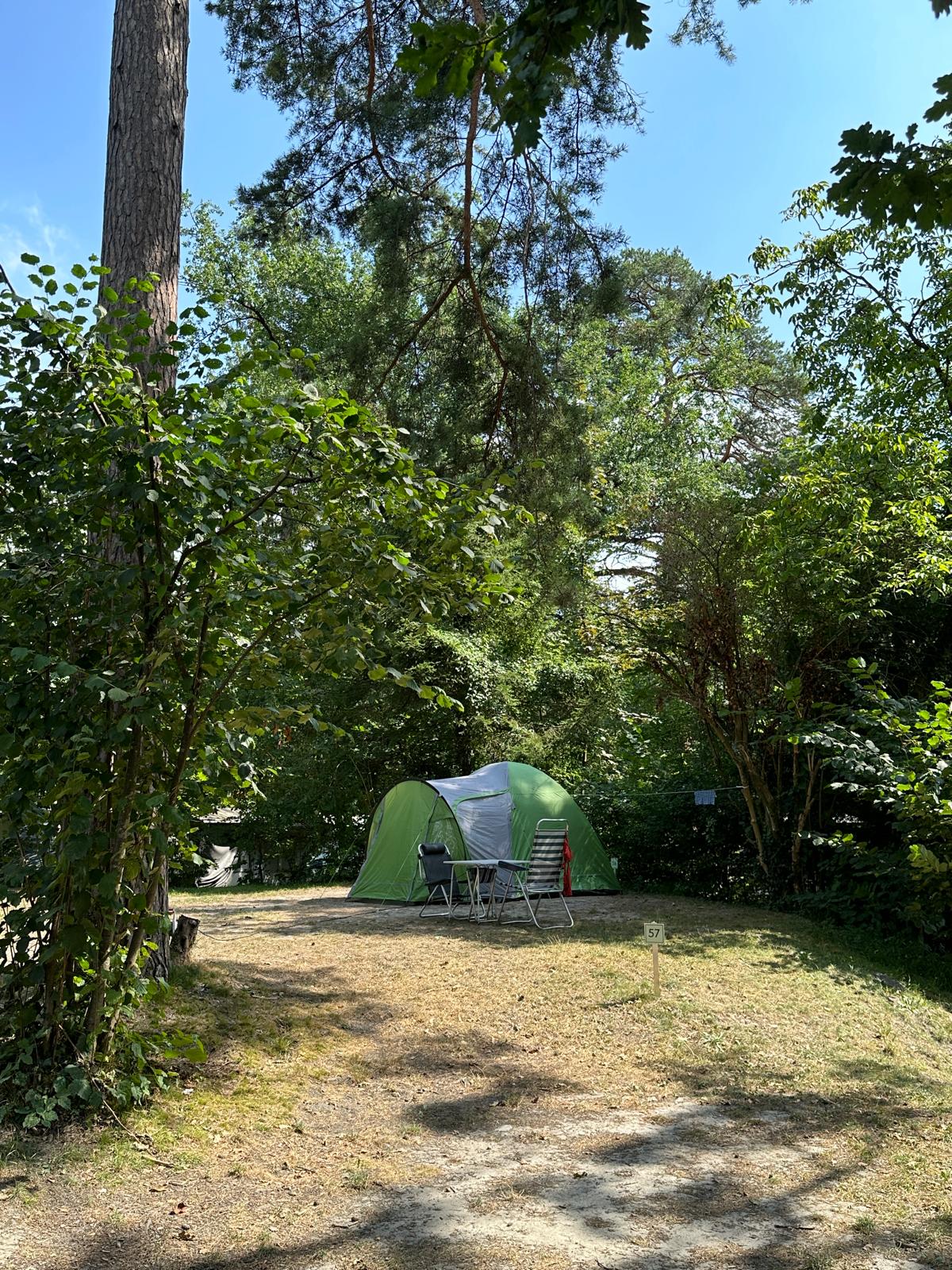 Zelt auf dem Basic Stellplatz Camping Bad Ragaz mit zwei Stühlen und kleinem Tisch davor