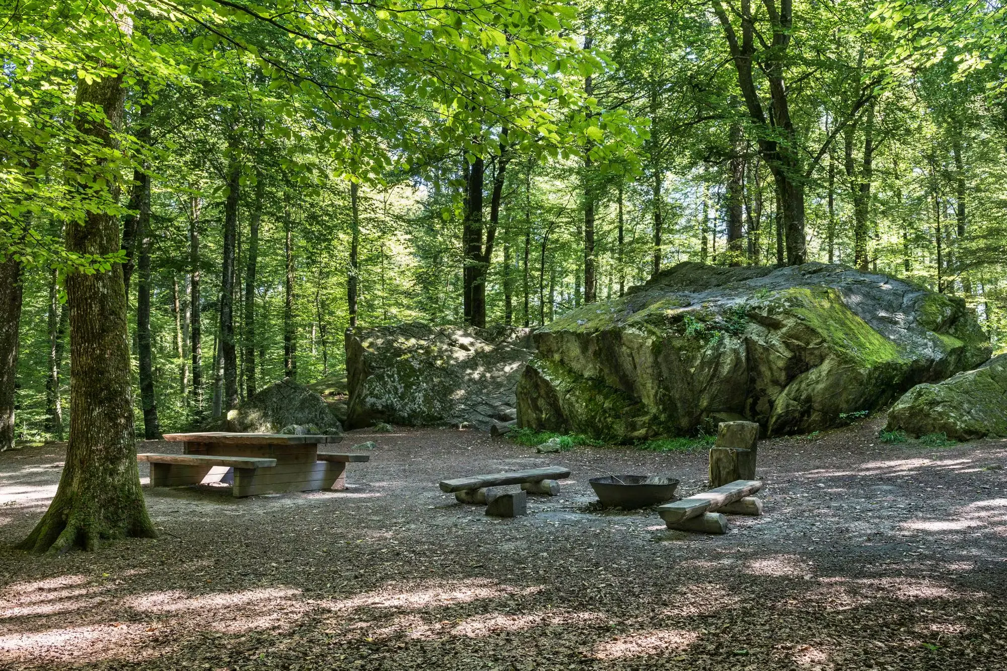 Feuerstelle vor grossen Findlingen im Wald in der Tüfelsburdi Jolimont