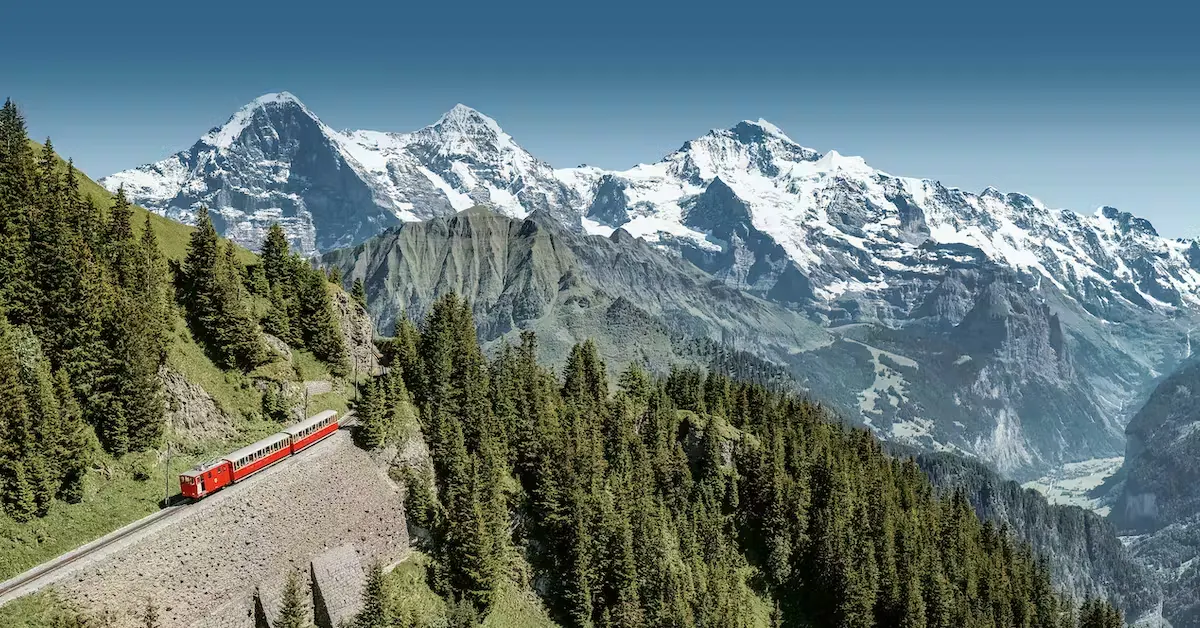 Zug, der durch den Wald die Berge hinauffährt, mit grossen schneebedeckten Bergen im Hintergrund