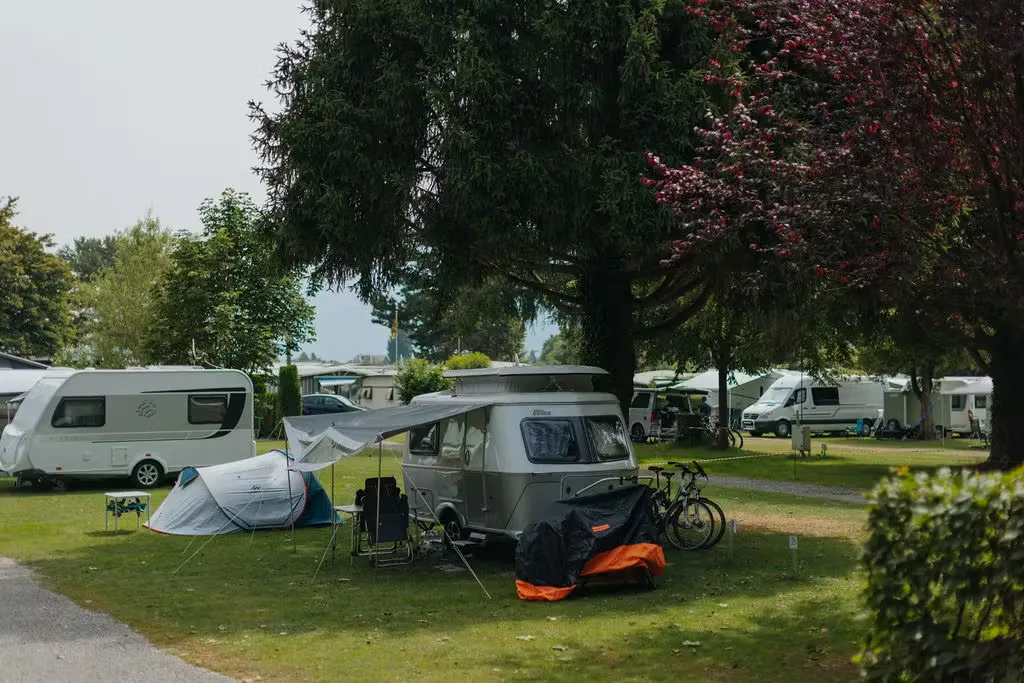 Wohnwagen auf Stellplatz Classic umgeben von Grün auf dem Camping Alpenblick
