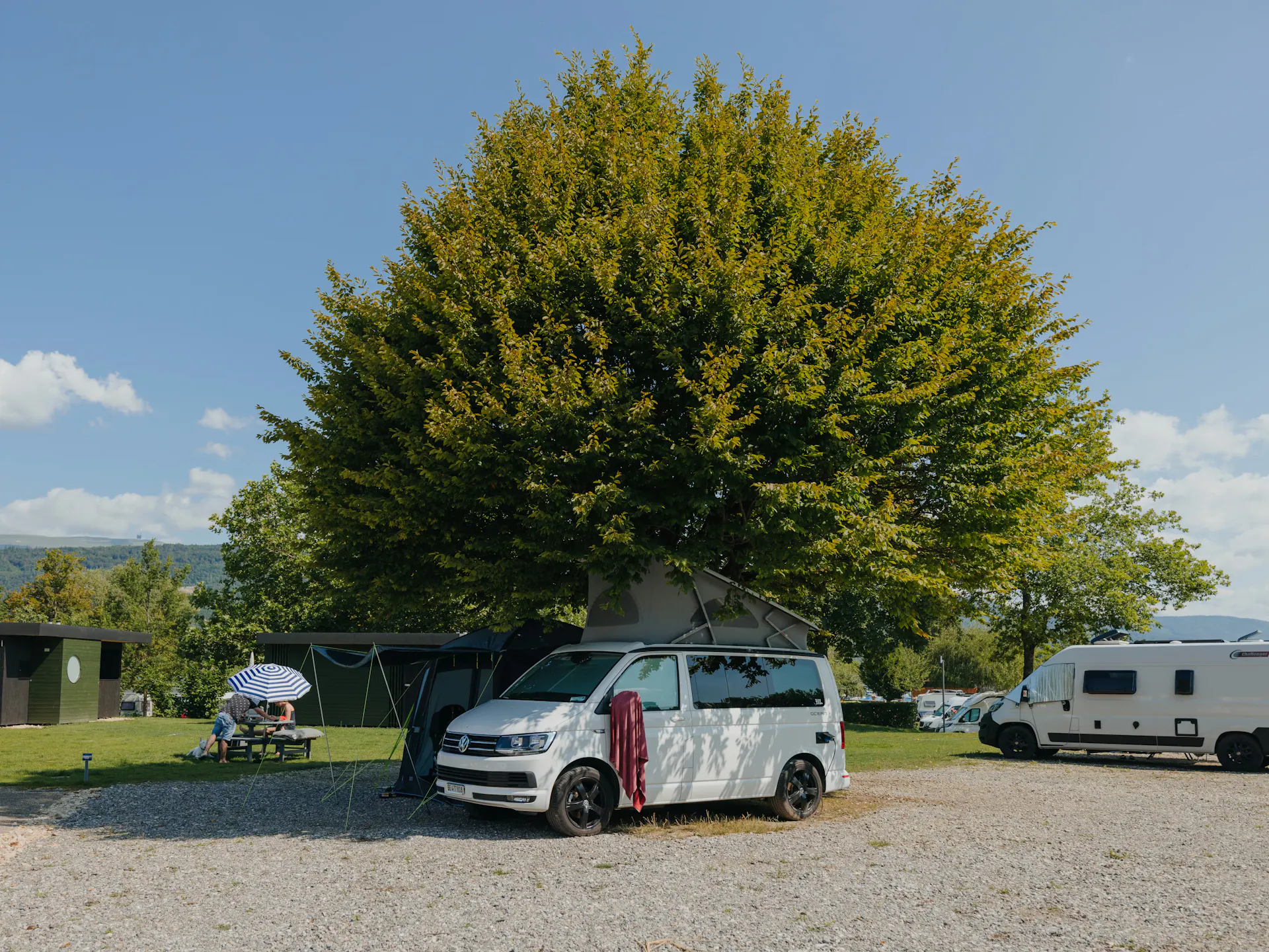 Van steht auf einem Comfort Stellplatz im Garten auf Kiesboden unter einem grossen Baum mit blauem Himmel und Sonnenschein