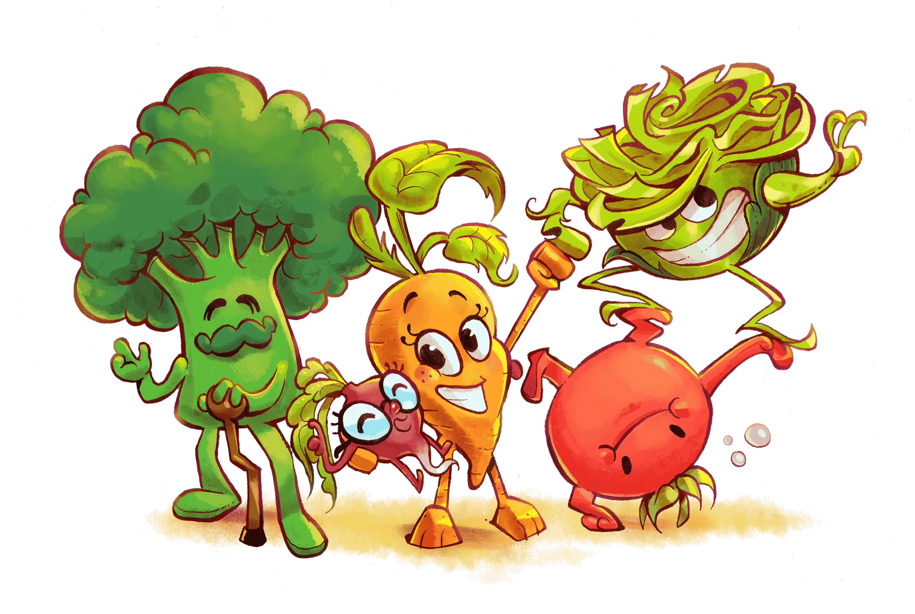 Illustration Karla Karotte mit Brokkoli, Kopfsalat, Radieschen und Tomaten
