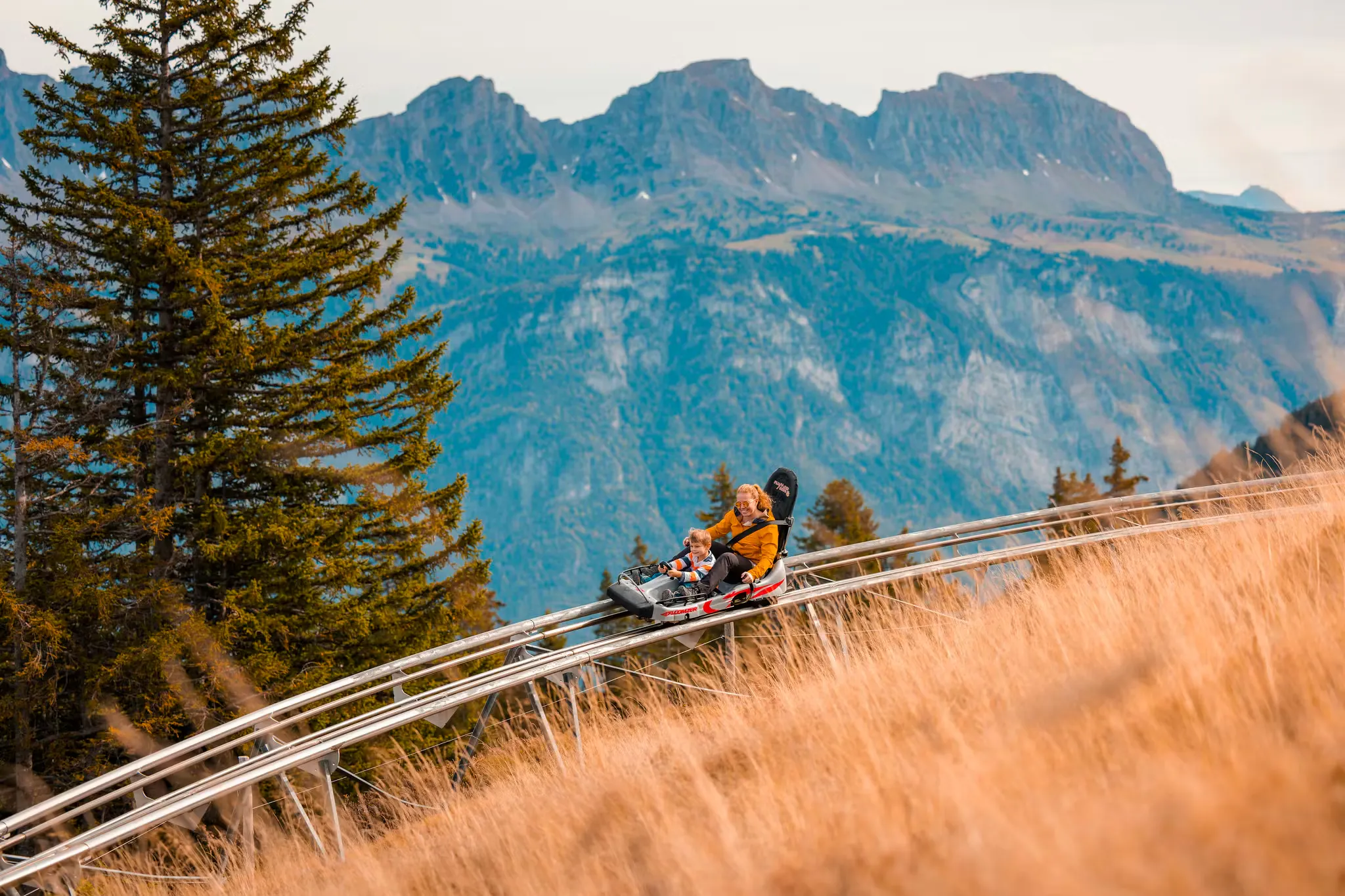 Personen in Coaster auf Schienen bergab, im Hintergrund Alpenpanorama