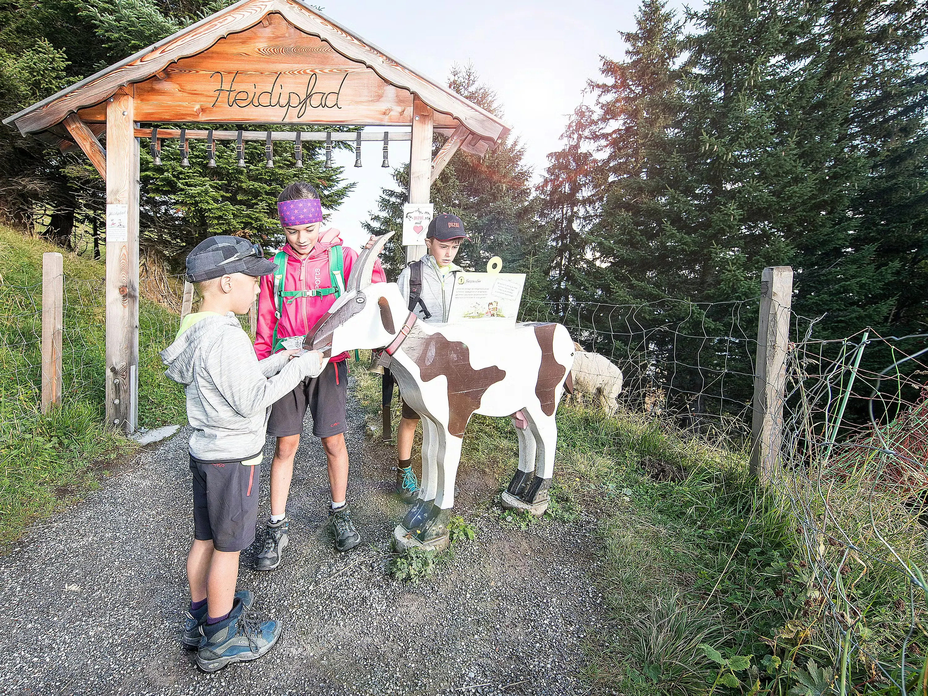 Drei Kinder, die mit einer Holzziege auf dem Heidipfad am Pizol spazieren gehen
