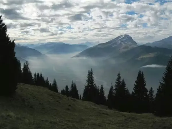 Nebel im bewaldeten Gebirgstal unter bewölktem Himmel