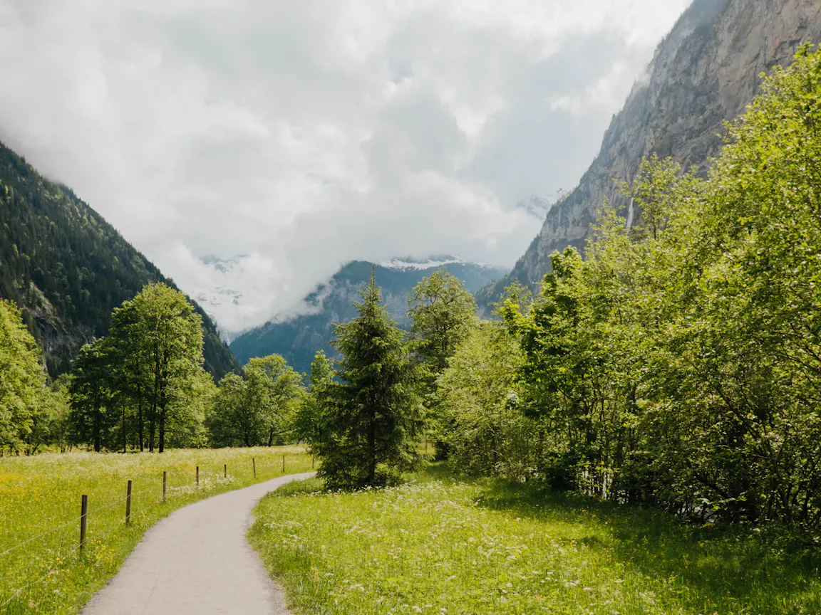 Spazierweg im Lauterbrunnental zwischen Felswänden umgeben von grünen Büschen, Bäumen und Wiesen