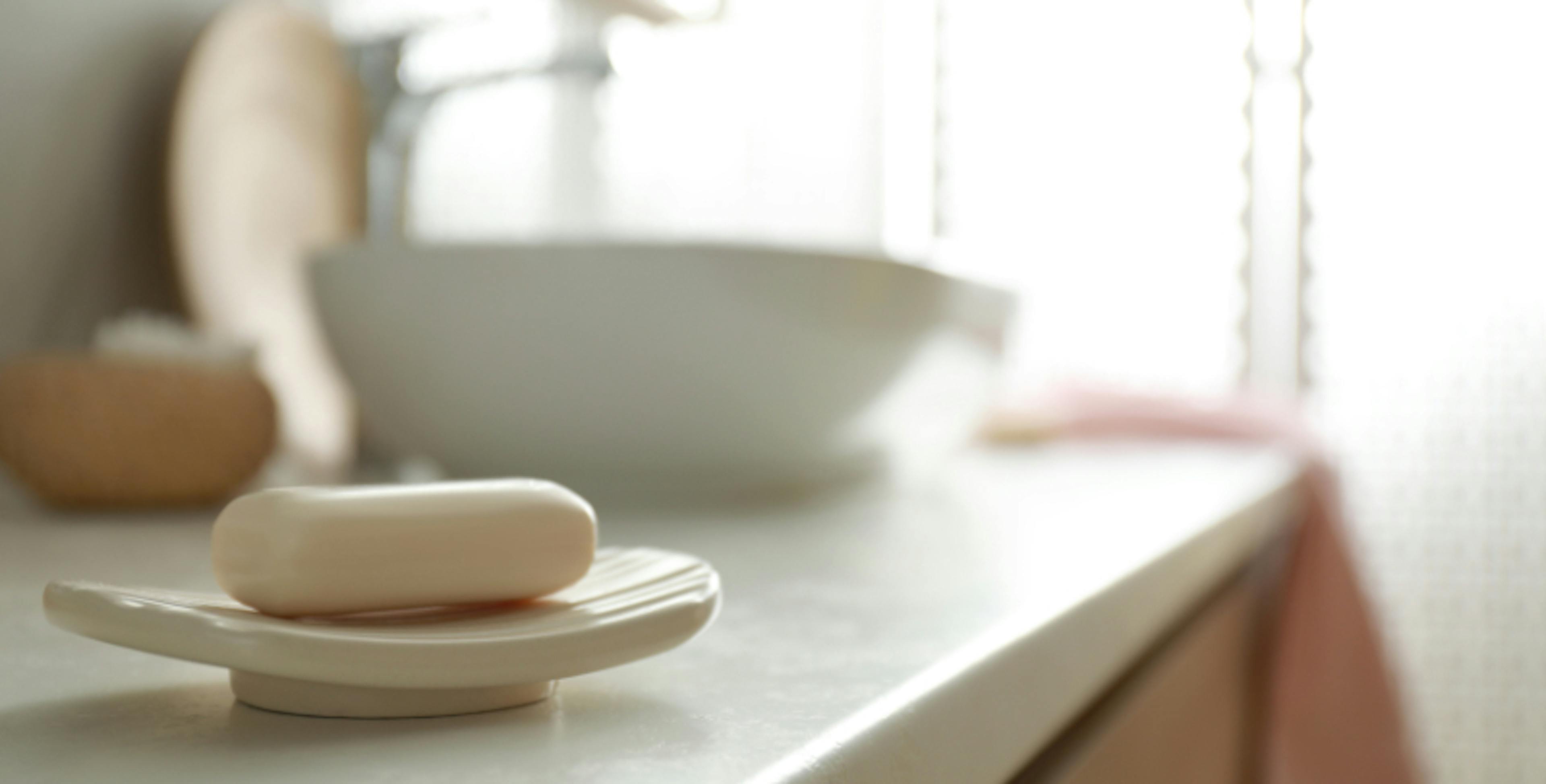 Soap on soap dish next to sink