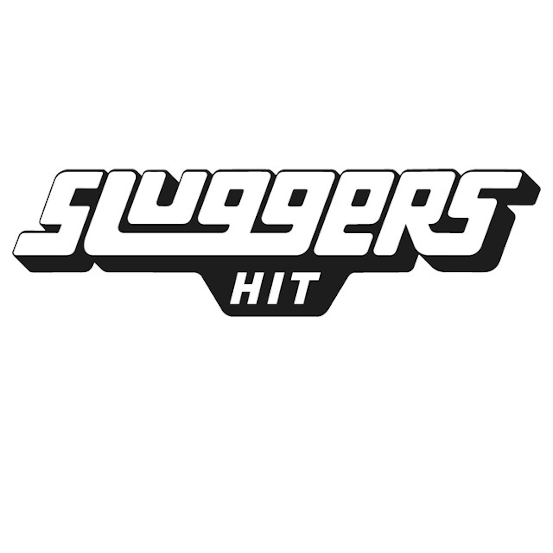 Bold, futuristic-style text reading “Sluggers” in white with a thick black shadow, and the word “HIT” centered below in a black rectangle with white lettering.