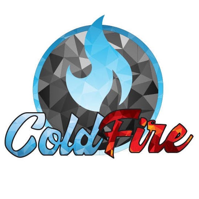 A stylized logo featuring a polygonal background circle with a blue flame at its center. The word “Cold” is written in icy blue gradient script, and “Fire” is written in bold red with a fiery texture, blending the themes of cold and heat.