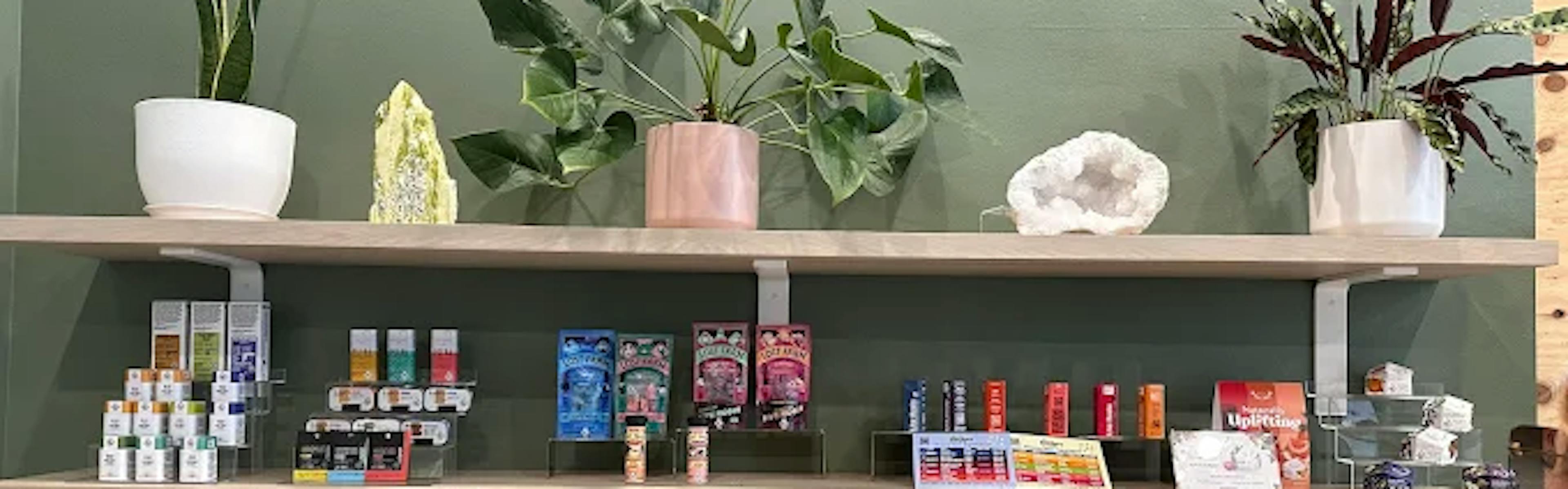 Minimalist wall shelving display featuring cannabis wellness products, edibles, and tinctures, accented by leafy plants and crystal decor against a sage green backdrop inside Cannavine San Francisco.