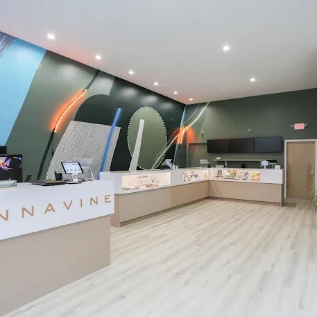 Spacious, contemporary interior of Cannavine San Francisco with custom display counters and a colorful, abstract mural on the back wall. Soft wood flooring and modern lighting create a clean and welcoming atmosphere.