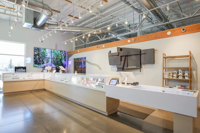 Spacious, high-ceilinged interior of Cannavine Ukiah with bright lighting, sleek display counters, and exposed ductwork. Products are arranged behind glass cases beneath a minimalist, art-forward wall installation.