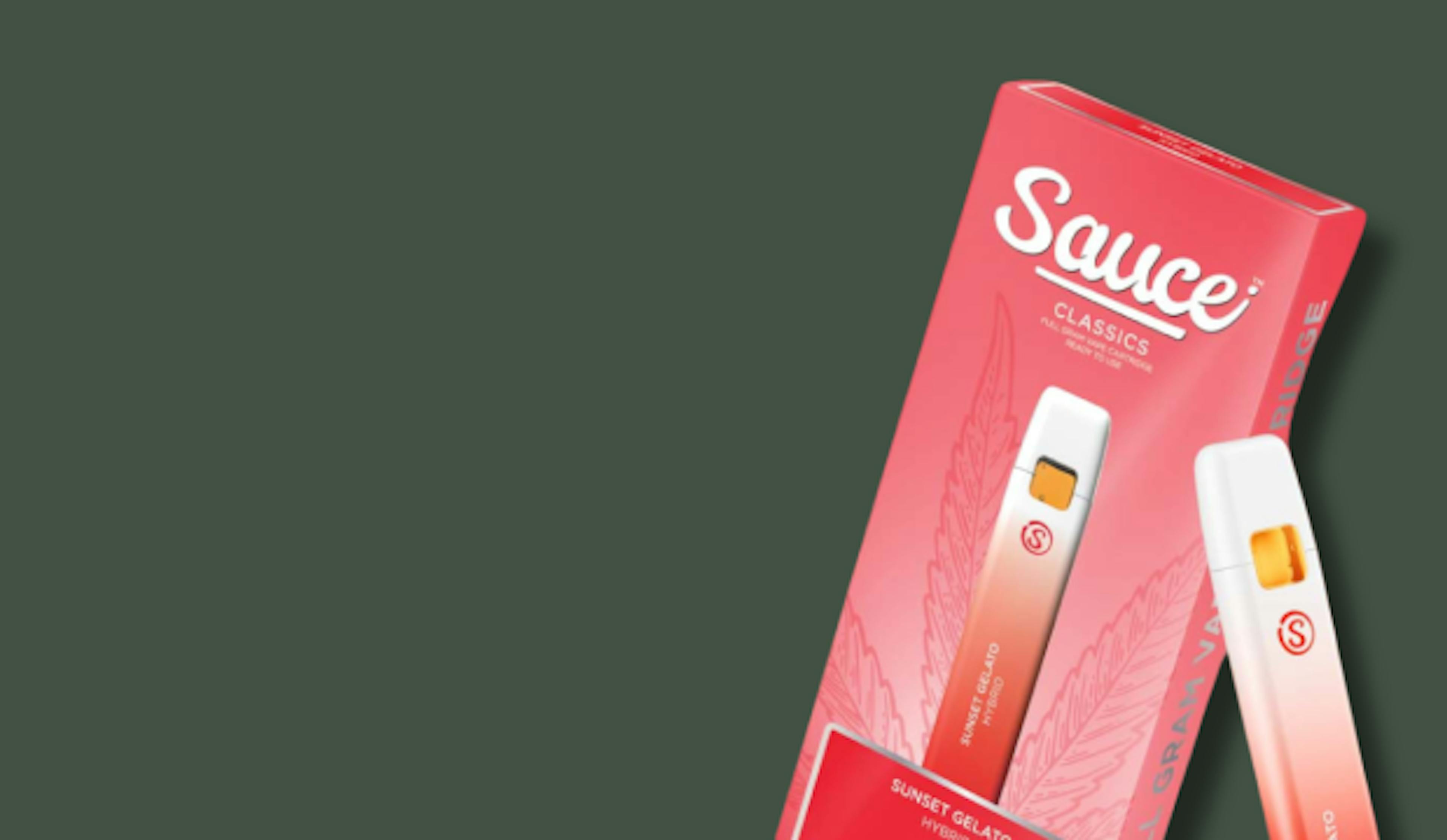 Sauce Essentials vape packaging with a disposable vape pen in the Sunset Gelato flavor, featuring a gradient pink and white design with cannabis leaf graphics, displayed on a dark green background.

