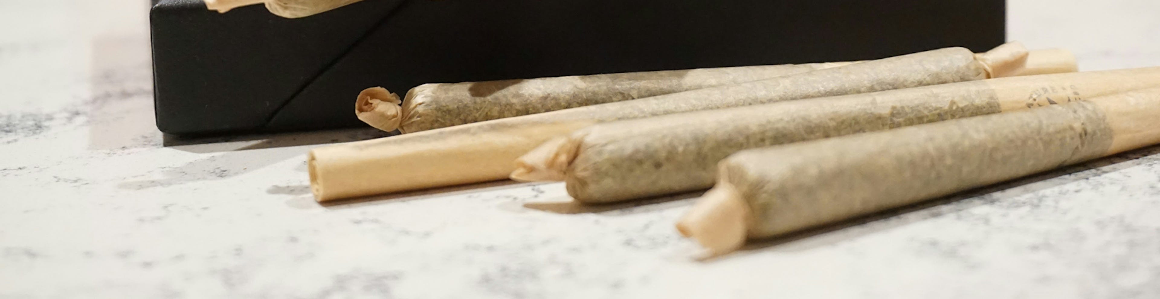 Close-up of several cannabis pre-rolls resting on a black case, with an orange background out of focus.