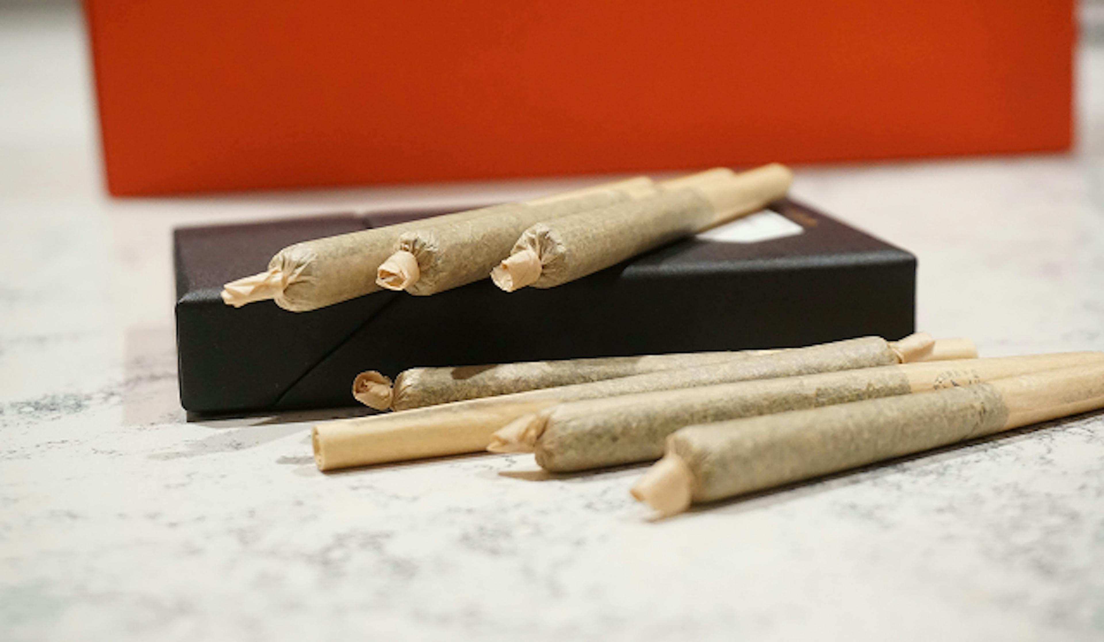 Close-up of several cannabis pre-rolls resting on a black case, with an orange background out of focus.