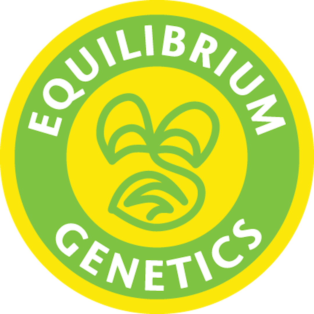 Logo for Equilibrium Genetics - a growing leaf in the centre of a yellow circle with the brand name in another green circle surrounding it