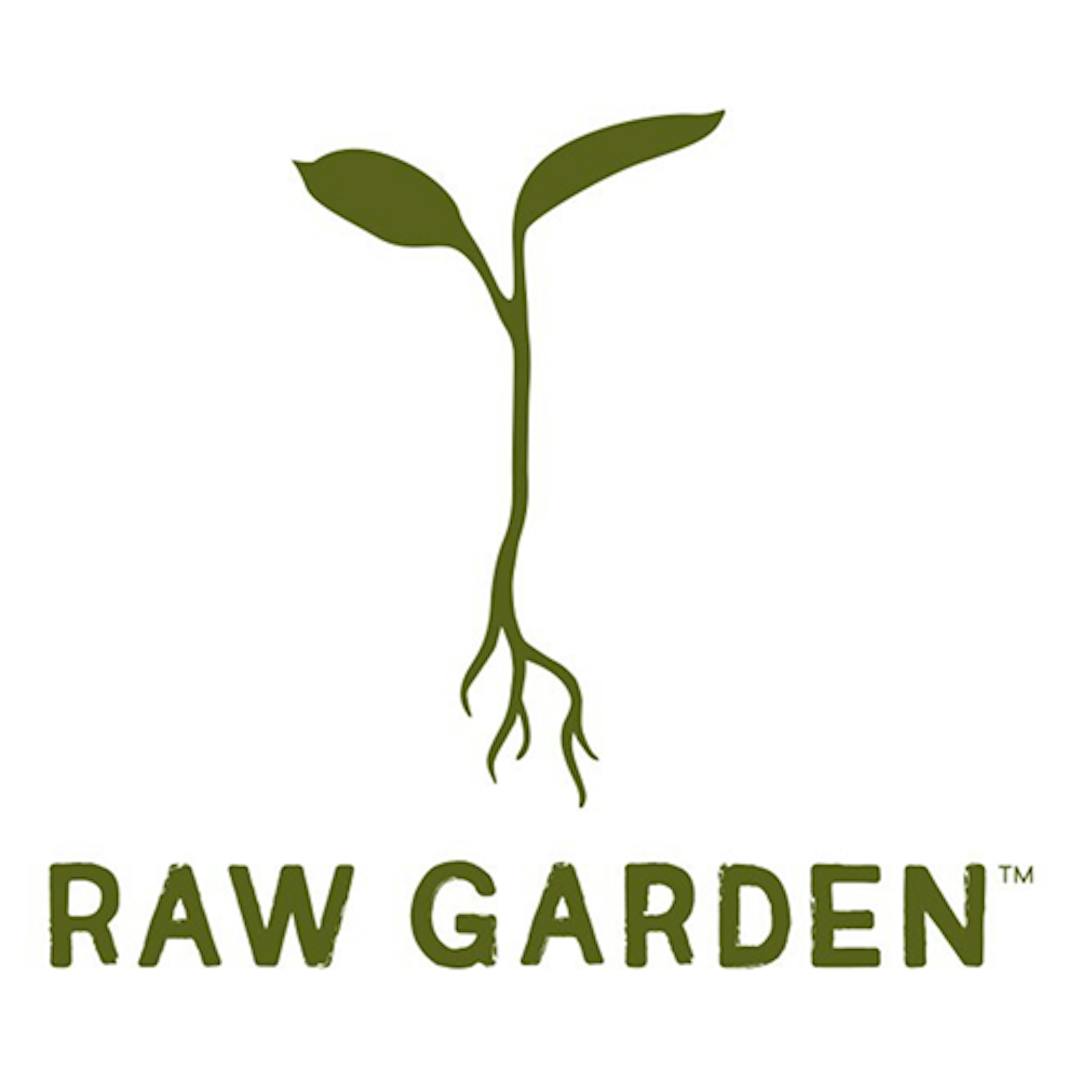 Minimalist olive-green sprouting seedling above the words “RAW GARDEN” in a distressed uppercase font.