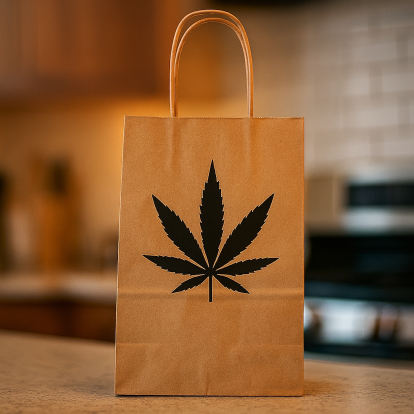 A brown paper shopping bag with a black cannabis leaf printed on the front, standing upright on a kitchen counter with a blurred stove and tile backsplash in the background.