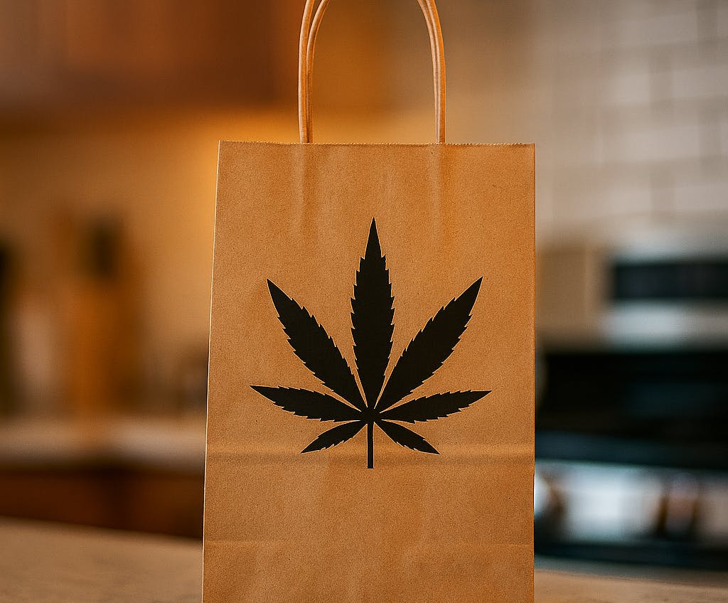 A brown paper shopping bag with a black cannabis leaf printed on the front, standing upright on a kitchen counter with a blurred stove and tile backsplash in the background.