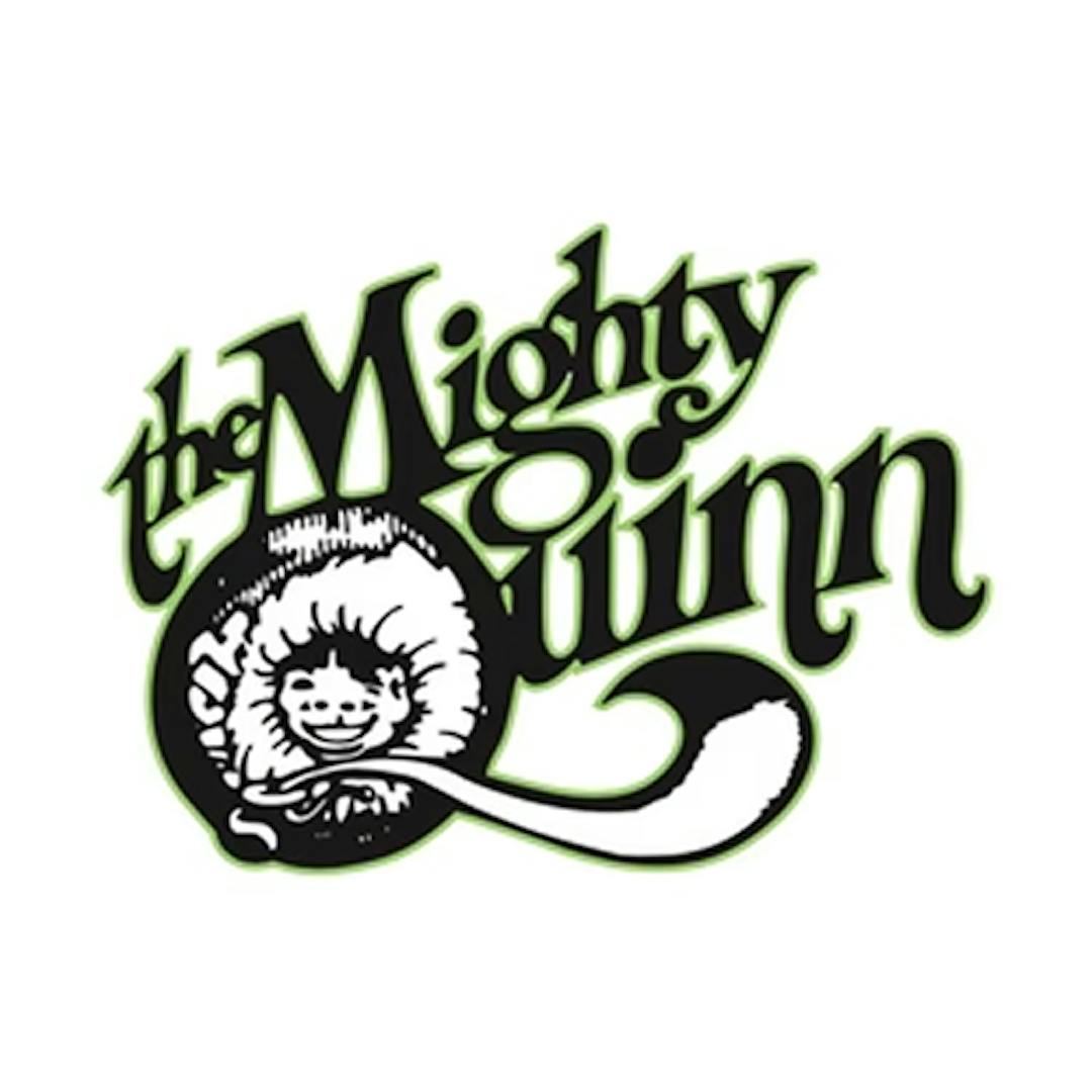 Logo for The Mighty Quinn Smoke Shop featuring playful, retro-style green and black text with a cartoon-like smiling character inside a smoke ring.