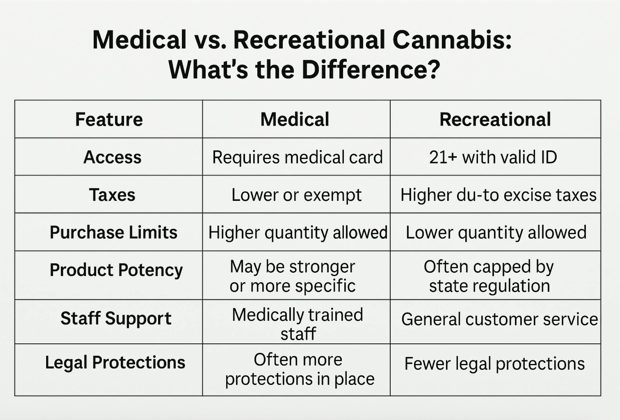 Comparison chart outlining key differences between medical and recreational cannabis, including access, taxes, potency, and legal protections