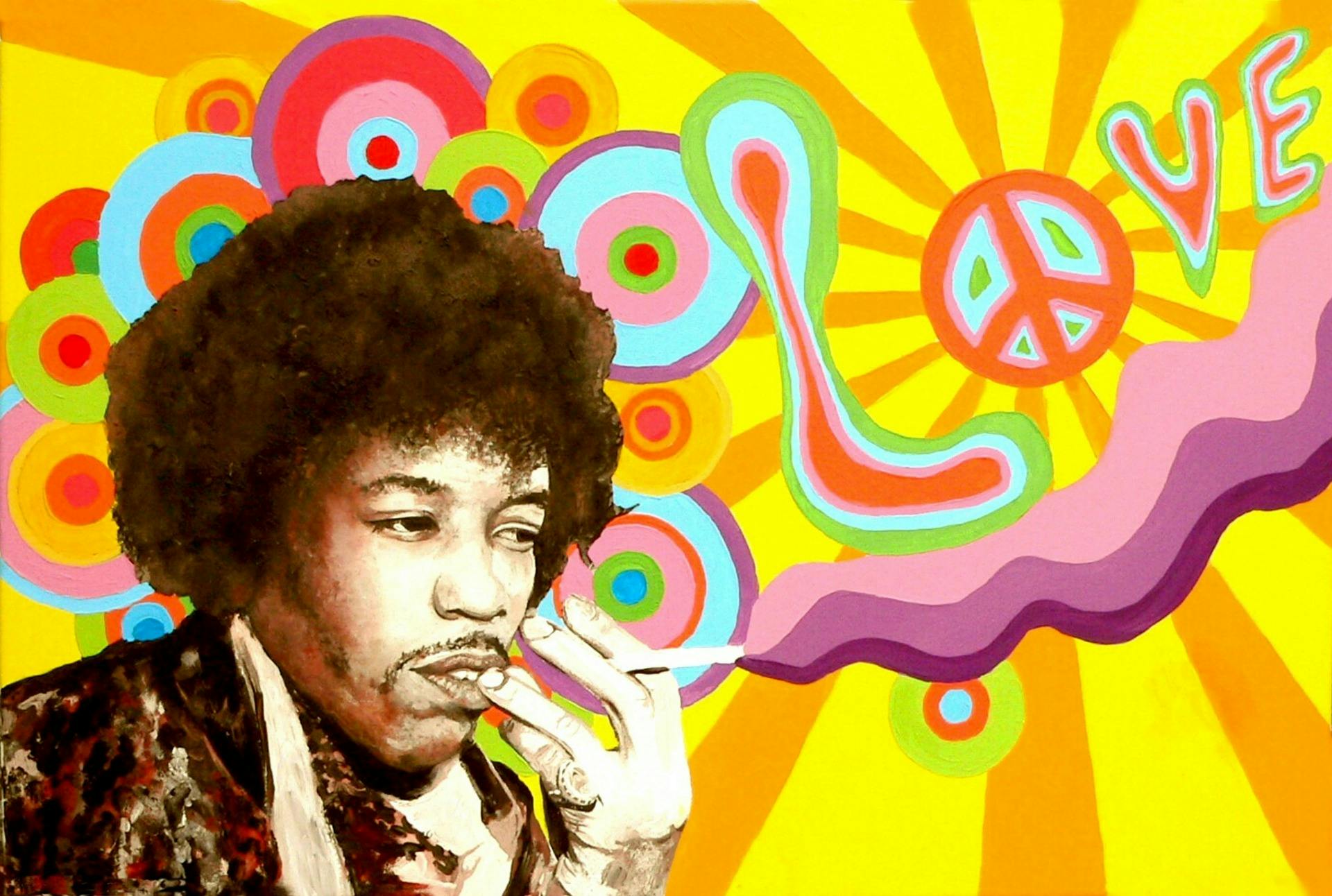 Jimi Hendrix with background text 'love'