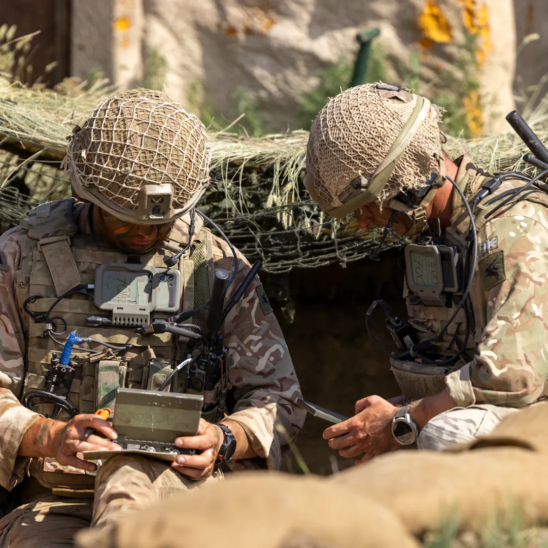 Soldiers from 2nd Battalion, The Parachute Regiment adjust the trajectory of a mortar during Exercise Rhino Bizz at British Army Training Unit Suffield in Canada.