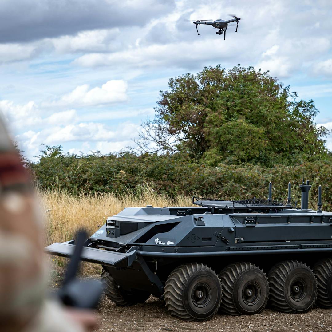 Uncrewed ground vehicle with uncrewed aerial vehicle. Crown copyright.