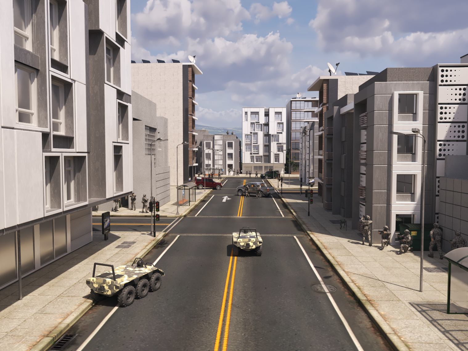 A CGI render of an urban environment.