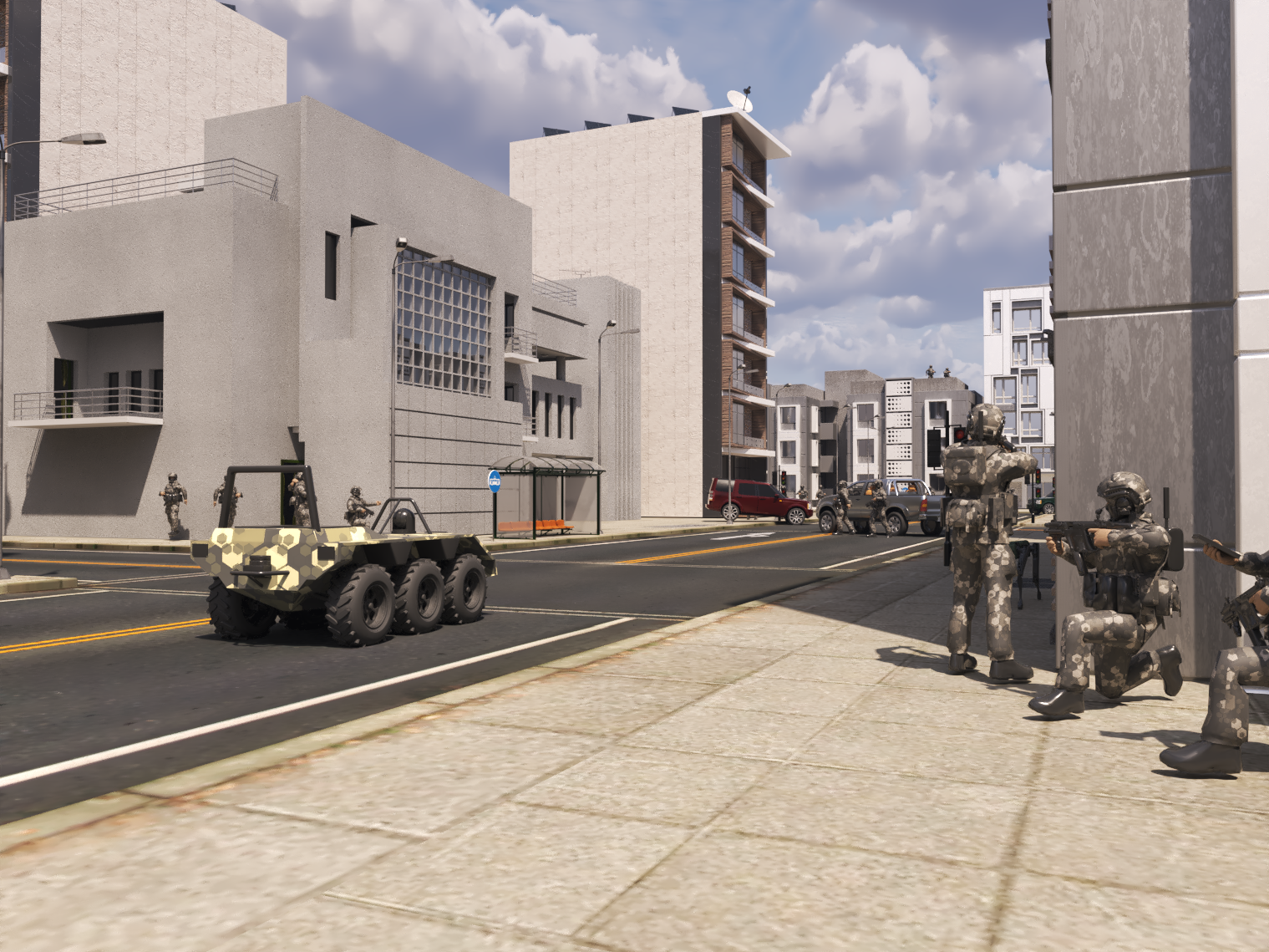 A CGI render of an urban environment.