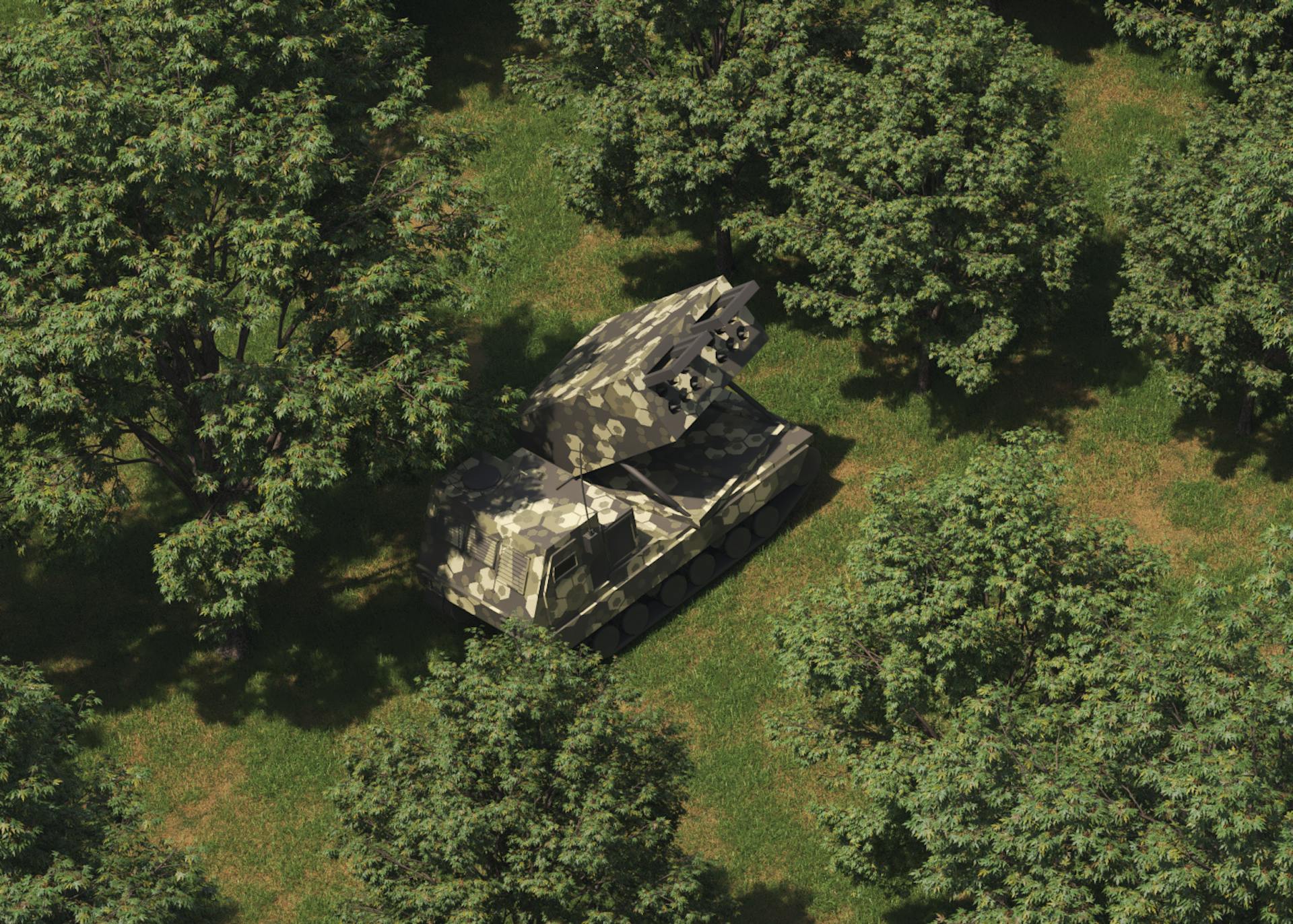 A CGI render of a tank in a forest.