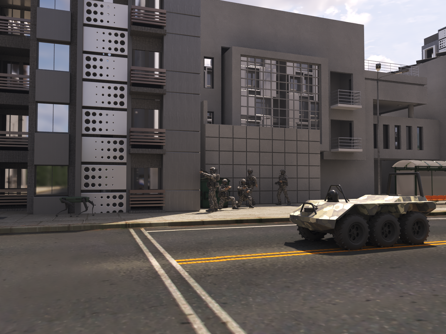 A CGI render of an urban environment.