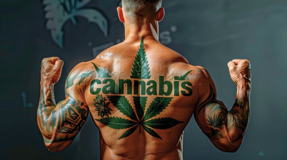 Muscle man with cannabis leaf painted on his back