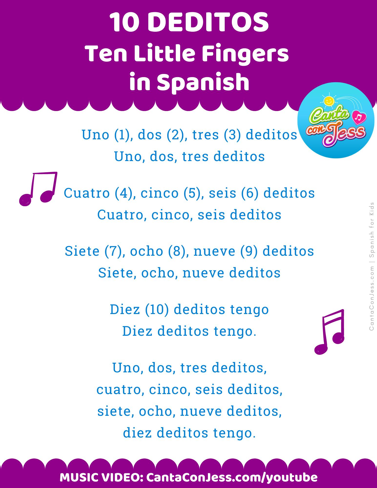 Ten Little Fingers Song in Spanish LYRICS - 10 (Diez) Deditos - Spanish Songs for Kids