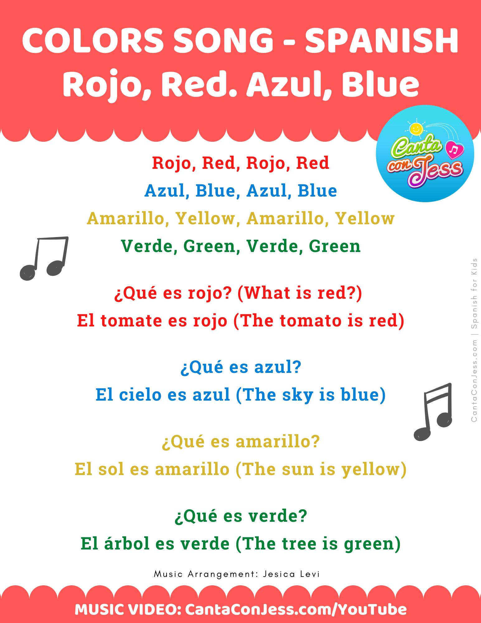 Basic Colors in Spanish: Rojo Red, Azul Blue, Amarillo Yellow, Verde Green Song Lyrics - Canta Con Jess - Spanish for Kids