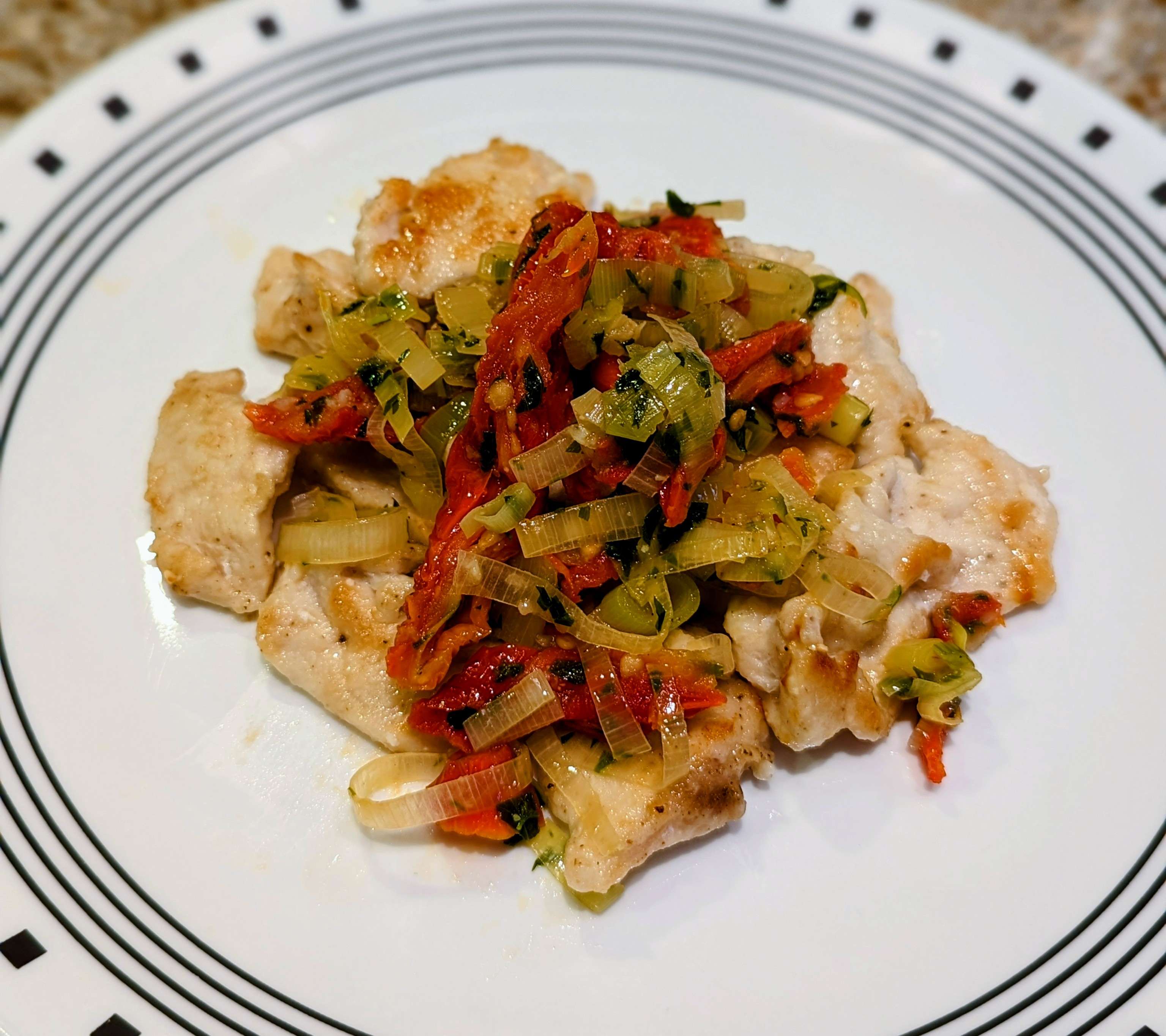 Chicken, Leeks & Tomatoes in White Wine Sauce